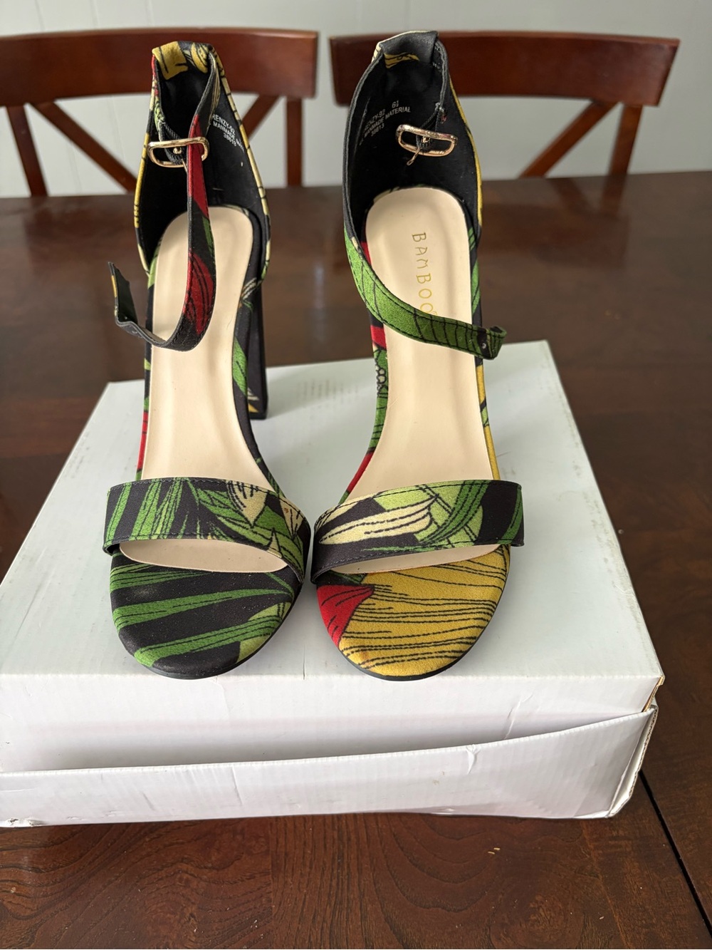 BAMBOO Tropical Print Ankle-Strap Block Heels - Green/Yellow/Red/Black
